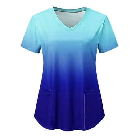 

CZHJS Casual Elegant Dressy Loose Fitting V-Neck Tops Women T-Shirts Gradient Color Ombre Short Sleeve Tees Summer Tunic Scrubs_Tops Nursing Shirts Working Wear Uniforms Shirt Blue L
