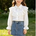 thumbnail image 2 of hoksml Girls Back to School Button Down Shirt Solid Long Sleeve Lace Ruffle Blouse Classic Collared School Uniform Tops, 2 of 9