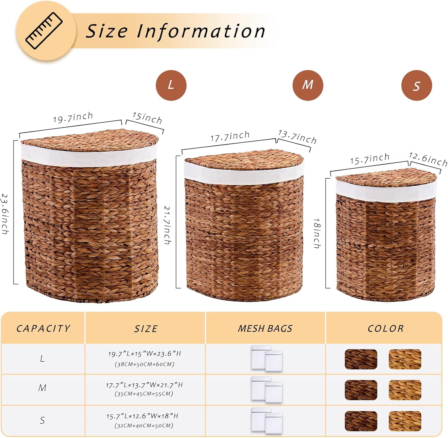 Casa Pura Furniture Espresso Half Round Wicker Laundry Hamper with Lid and 2 Removable Liner Bags, Handwoven Water Hyacinth Dirty Clothes Storage Basket