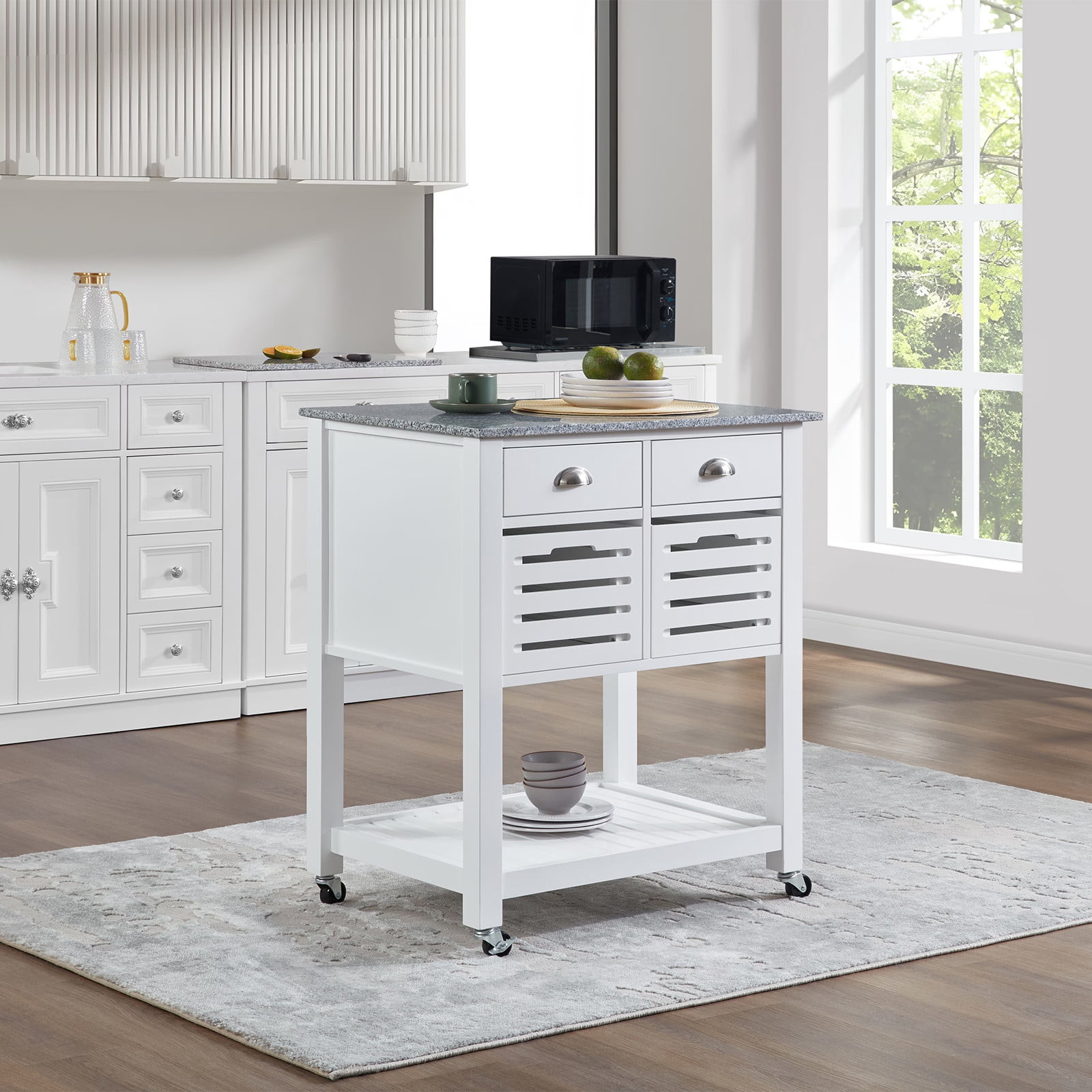 WEGFTDUOP Kitchen Island Cart with Storage, Mobile Rolling Kitchen Island on Wheels, Trolley Serving Cart with Underneath Drawer & Slide-Out Wire Storage Basket for Kitchen, Dinning Room
