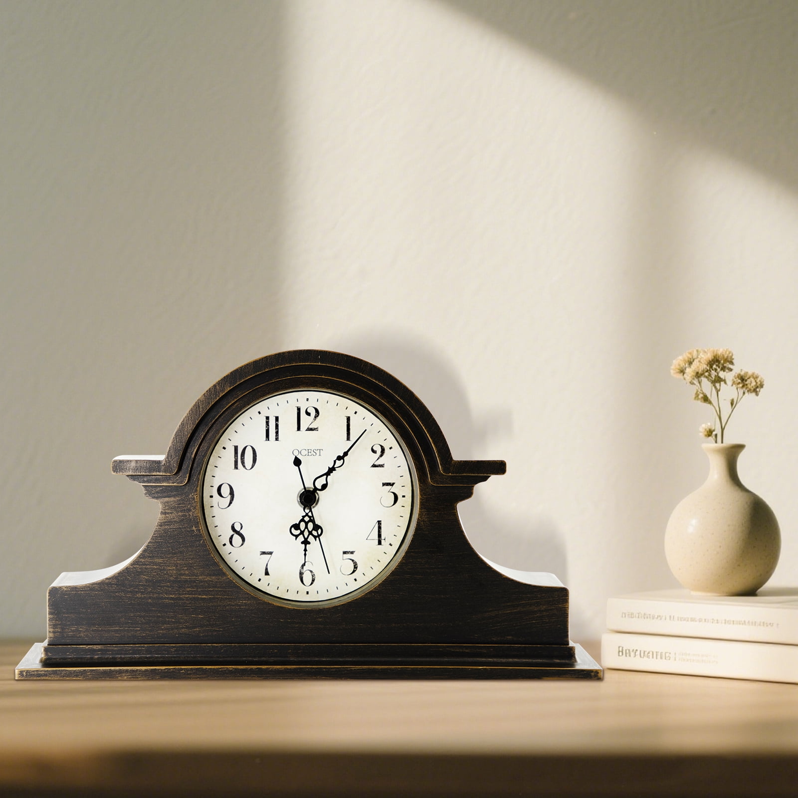 OCEST Vintage Mantel Clock, 13x7inch Battery Operated Wooden Mantel Clock, Silent Desk Shelf Vintage Clock for Living Room,Home Decor Gift, Elegant Wooden Frame