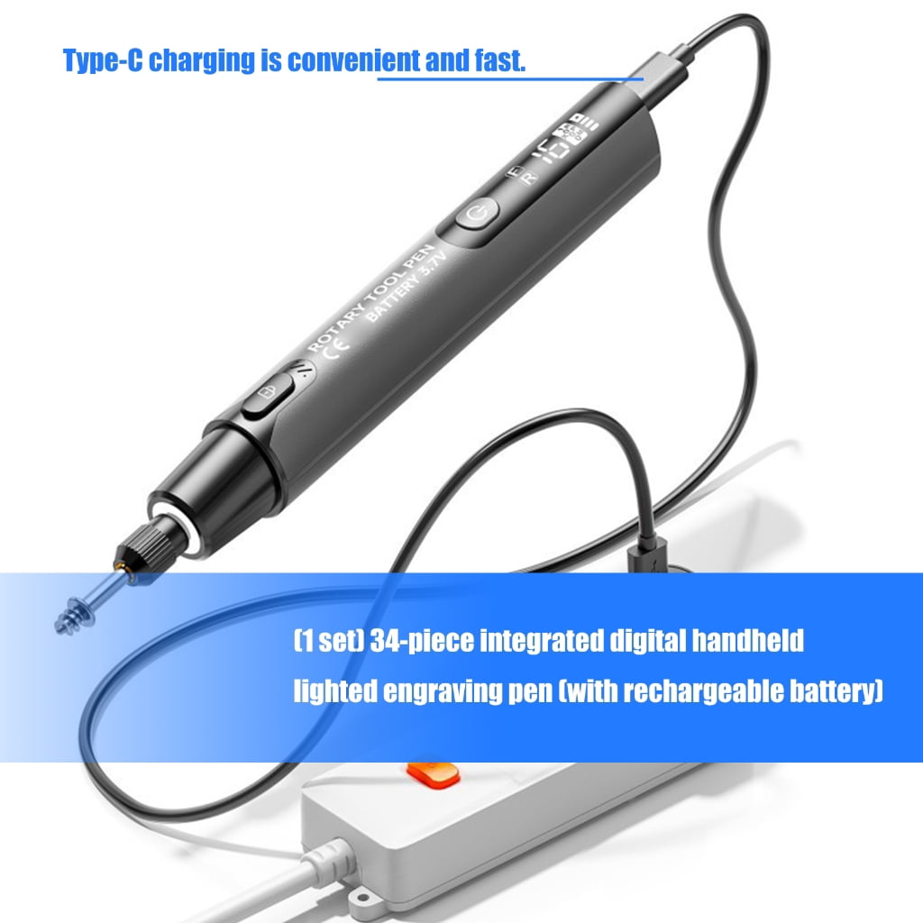 PatungKu 34 in 1 Digital Engraving Pen with LED Light 6 Speed Adjustment 16000 WHIRLS Rechargeable Forward Reverse Function for Accuracy Control