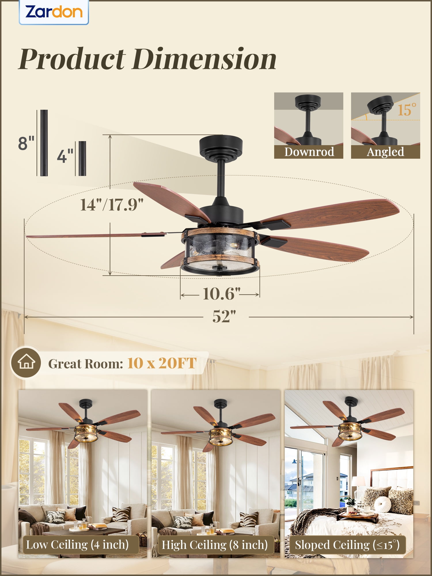 Zardon 52 Inch Farmhouse Ceiling Fan with Light and Remote Control, Quiet Reversible DC Motor, Clear Glass Shade, Dual-Finish Blades for Indoor