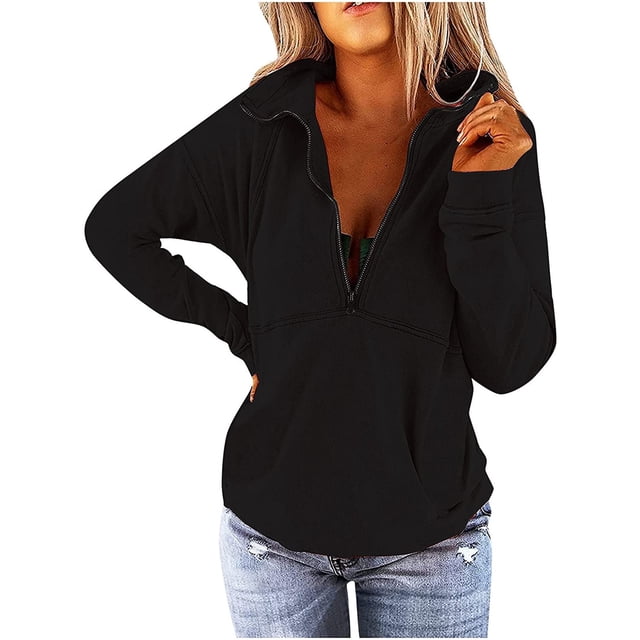 Mujeres Otoño Invierno Color sólido Cuello en V Cremallera Manga larga Tops Jersey Blusa Sudaderas Pompotops gfhjh11808