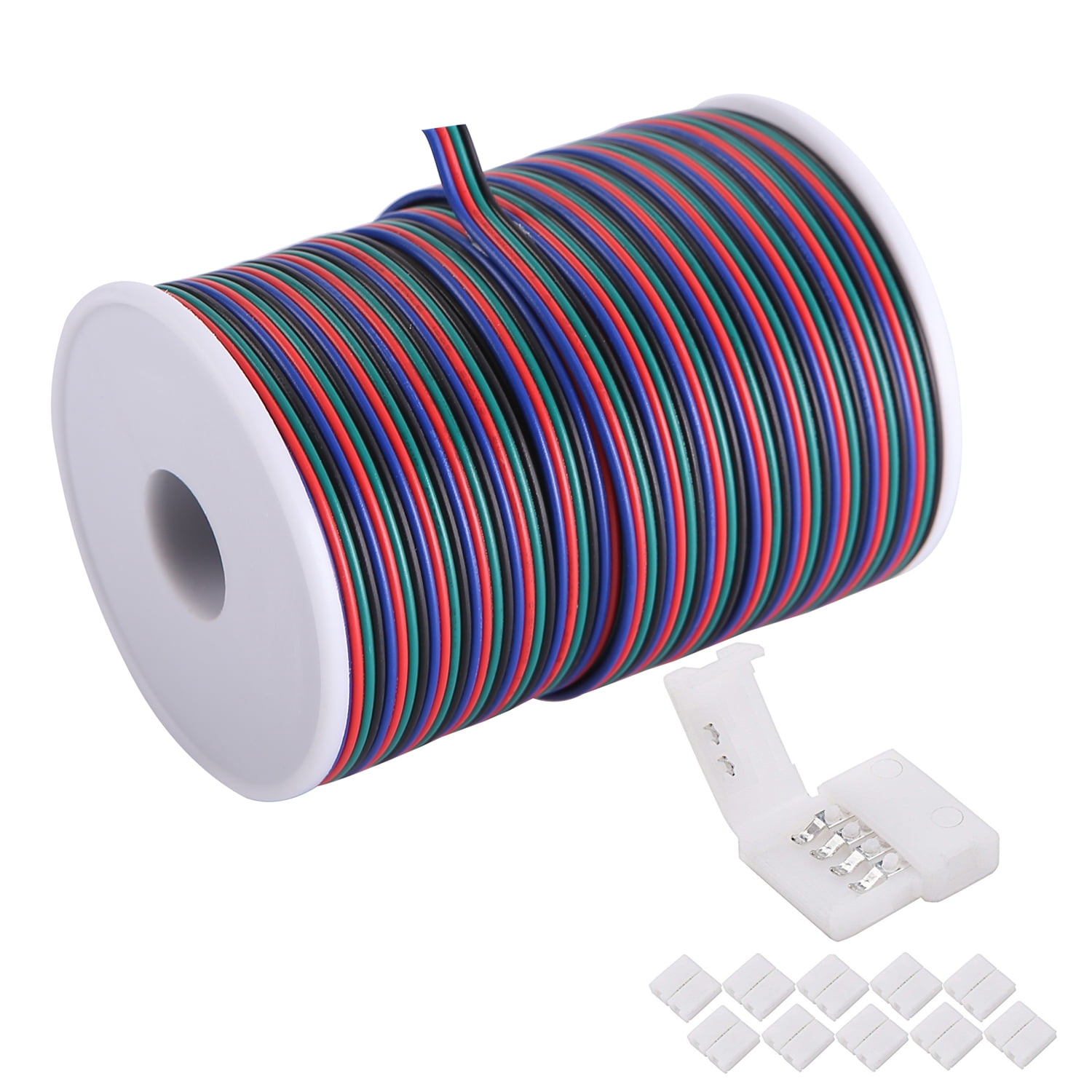 MARSWIRE 100ft(30.5m) RGB Wire 4 Conduct 22 AWG Extension Cable with Spool, Led Lights Wires Strip Extend Wire for 5050 3528, with 8PCS RGB Led Strip Connectors
