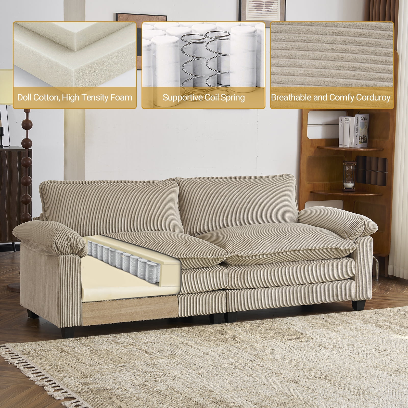 Ktaxon Corduroy Sofa Bed with Removable Ottoman, 90" Oversized Loveseat with Double Layer Cushions, Pillow Arms, Wood-Grain Legs for Living Room Bedroom Khaki