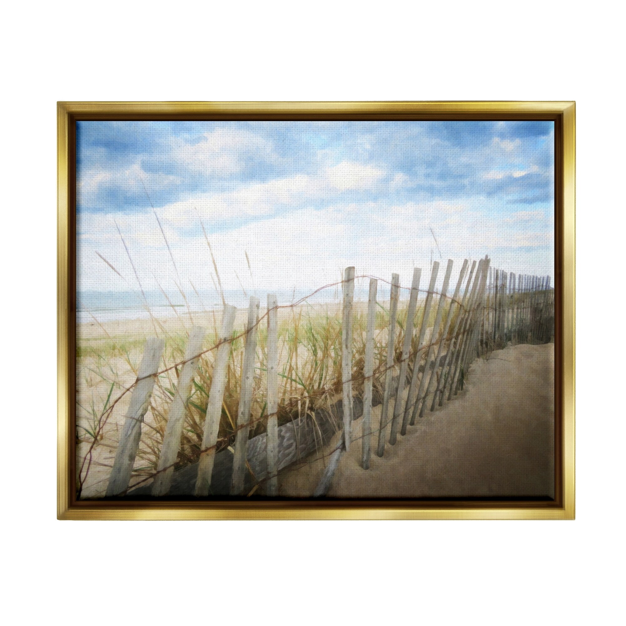 Stupell Industries Seaside Boardwalk Ocean Sand Fence Beach Grass Graphic Art Metallic Gold Floating Framed Canvas Print Wall Art, Design by Graffitee Studios