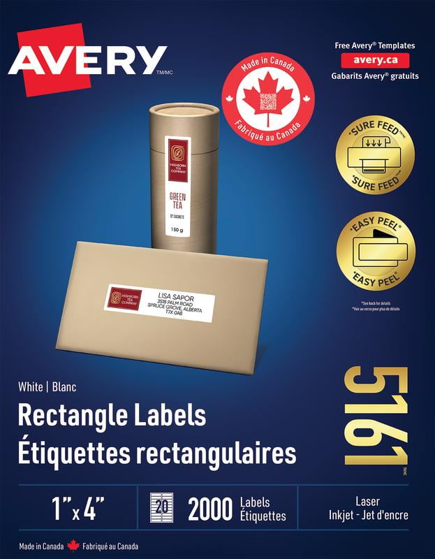 Avery Étiquettes rectangulaires blanches avec technologie Sure Feed, Technologie Easy Peel, 1 po x 4 po, pour imprimantes laser et à jet d'encre - 5161