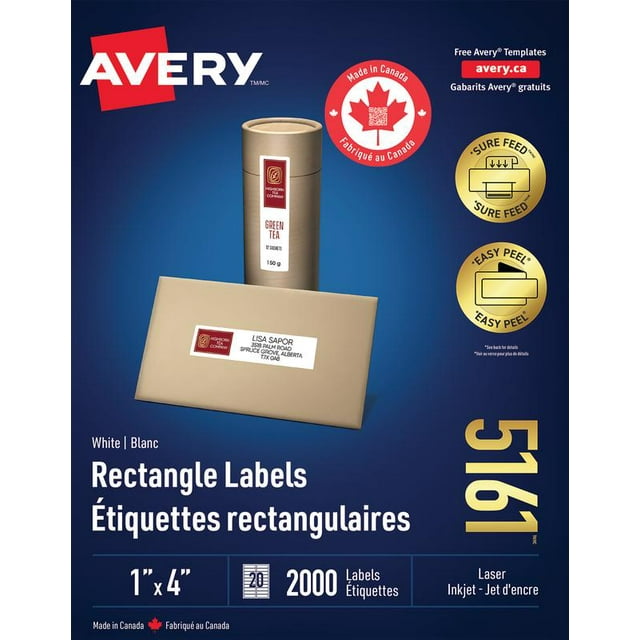 Avery White Rectangle Labels with Sure Feed Technology, Easy Peel, 1" x 4", for Laser and Inkjet Printers - 5161