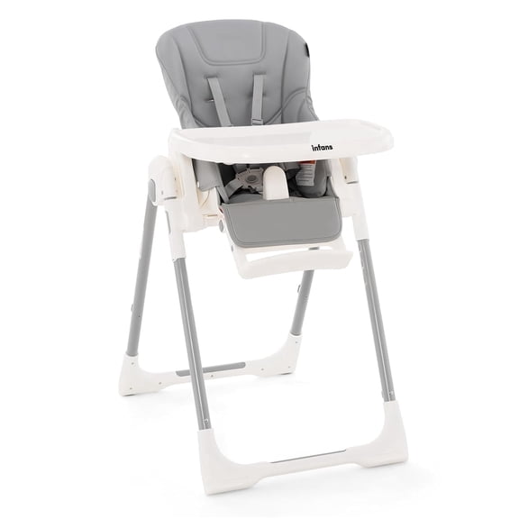 INFANS High Chair for Babies & Toddlers, Foldable Highchair with Multiple Adjustable Backrest Footrest Seat Height, Removable Tray, Detachable PU Leather Cushion, Built-in Rear Wheels (Light Grey)