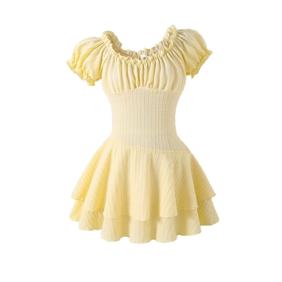 YDFCWXW Girl's Summer Mini Corset Dress Scoop Neck Short Ruffle Sleeve A Line Cute Trendy Party Dresses (11-12 Years, Yellow)