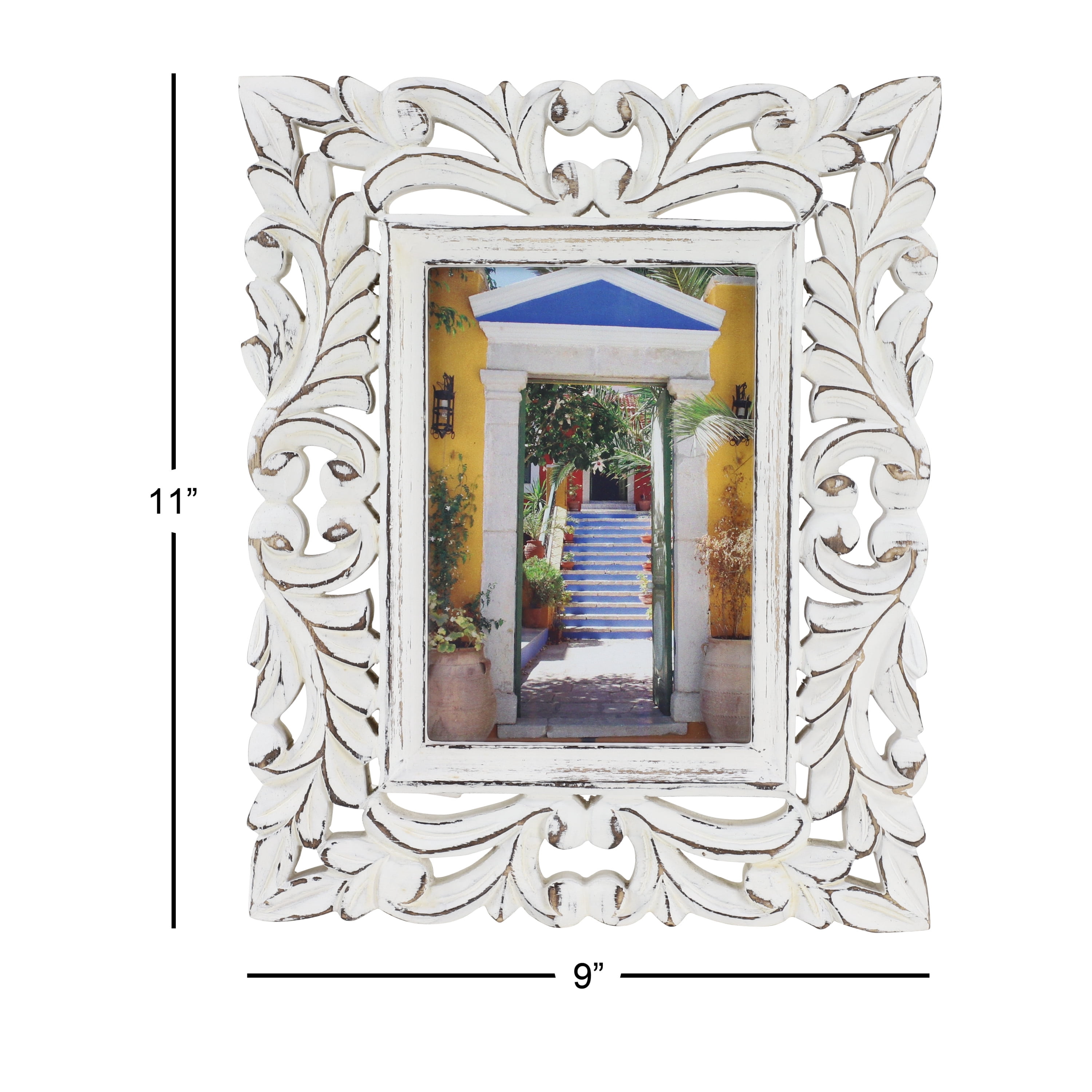 DecMode 5" x 7" Handmade Intricate Carved White Scroll Photo Frame