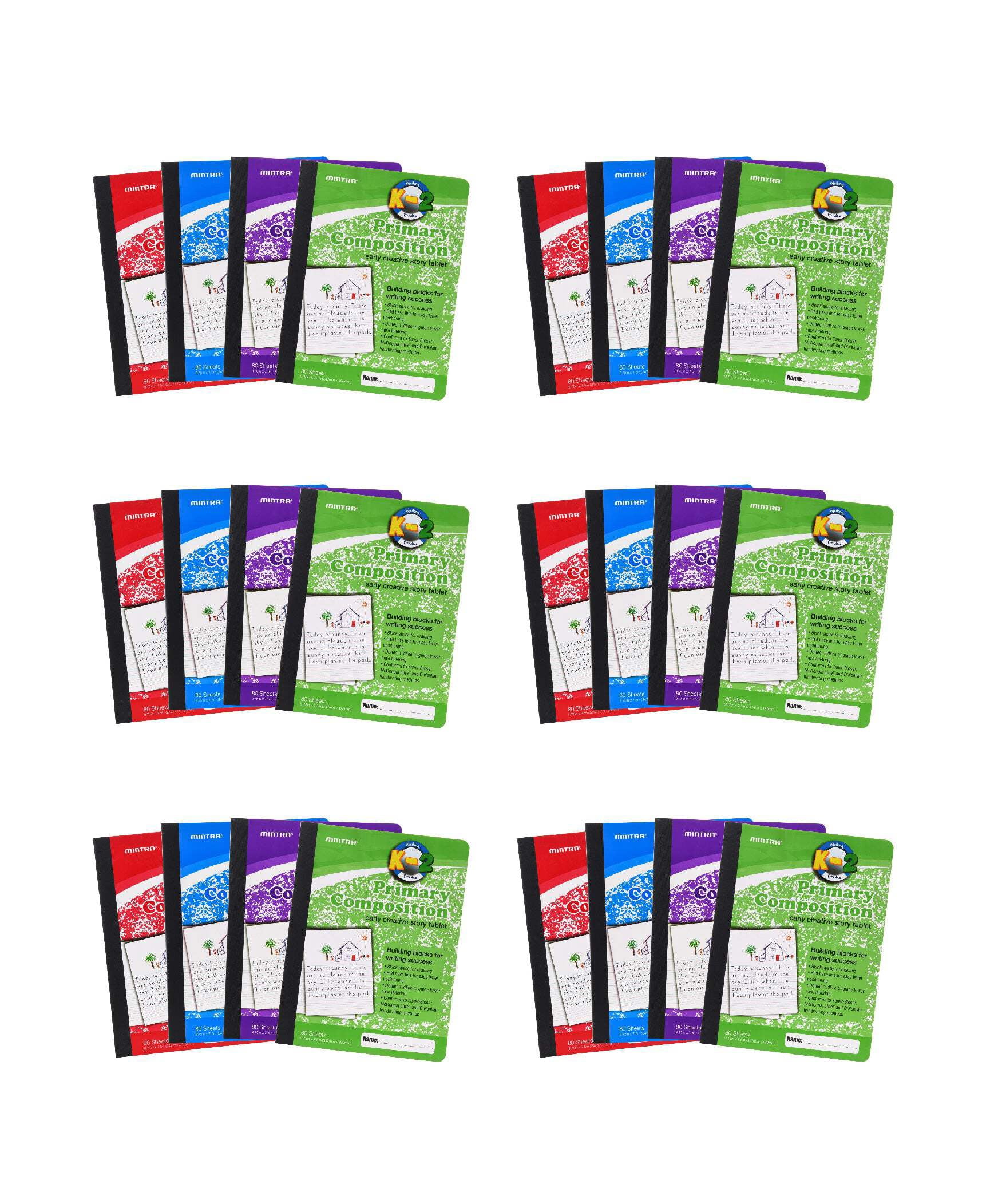 Mintra Primary Composition Notebook 24pk/Case - 1/2 Page - Assorted - Flexible Hardcover - 07294 (04667) - 80 Sheets