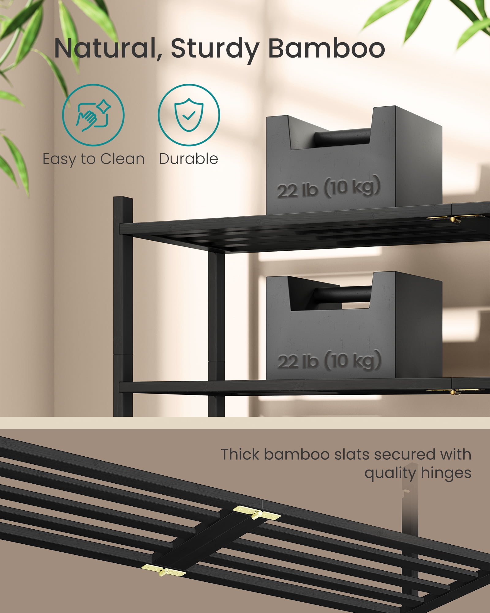SONGMICS Bamboo Shoe Rack for Closet, Stackable Shoe Oragnizer, Space-Saving Freestanding Shelf, 3-Tier, Holds 12-16 Pairs, Ink Black