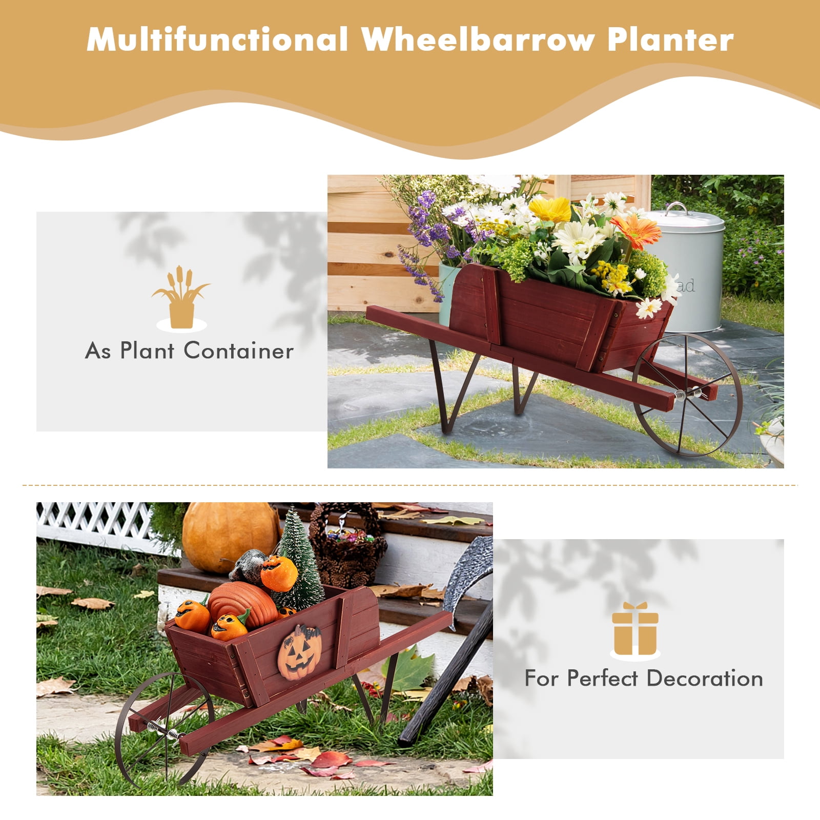 Topbuy Flower Pot Wheelbarrow Planter Solid Pine Wood Wagon Planter w/ Triangular Metal Support 2 Energy-saving Handles Movable Whee Red