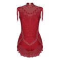 thumbnail image 3 of Moggemol Justaucorps de Danse pour Filles Scintillant en Strass Col Montant Sans Manches Fermeture Éclair Invisible au Dos Patchwork en Maille Transparente Justaucorps à Jupe à Franges Bourgogne 8, 3 of 7