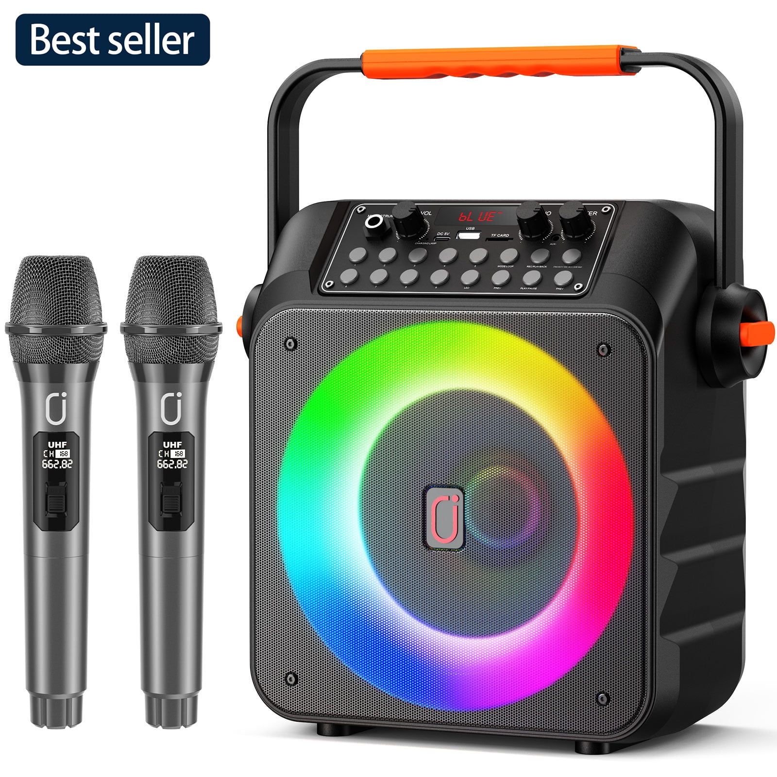 JYX Karaoke Machine for Adults, Portable Party Speaker with 2 Wireless Microphones, Home Singing Karaoke Speaker Bluetooth with LED Light