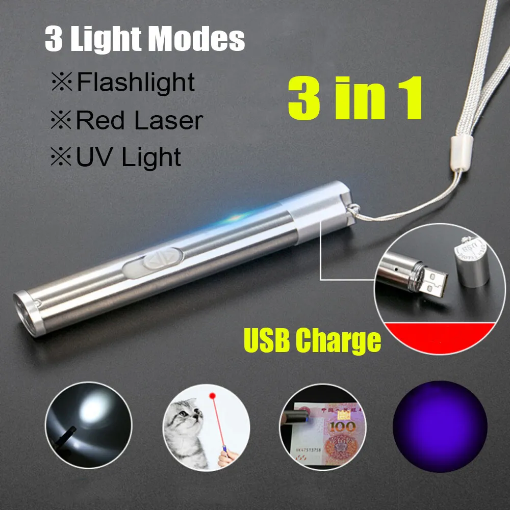 Red Laser Pointer Pen USB Rechargeable Lazer UV Light Flashlight Cat Dog Pet Toy Funny Toy