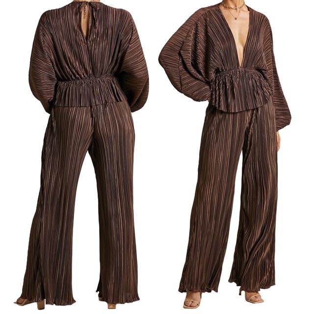 TRKIYQC Traje casual para mujer, color sólido, manga larga, rayas, textura plisada, tops + pantalones largos sueltos TRKIYQC moda