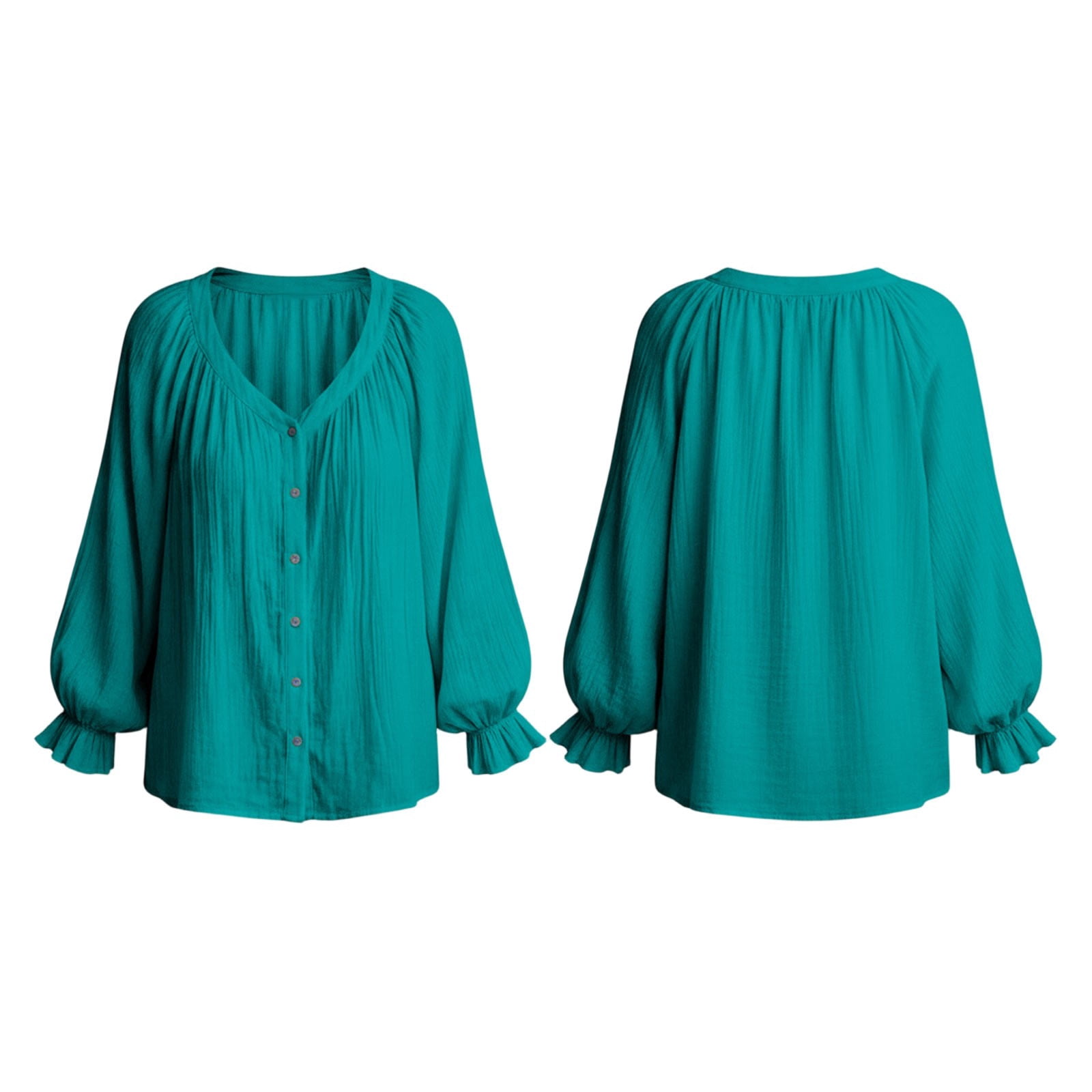 Women's Cotton And Linen Solid Color V-neck Pleated Puff Long-sleeved Ruffled Cuffs Button Pleated Casual Loose Top