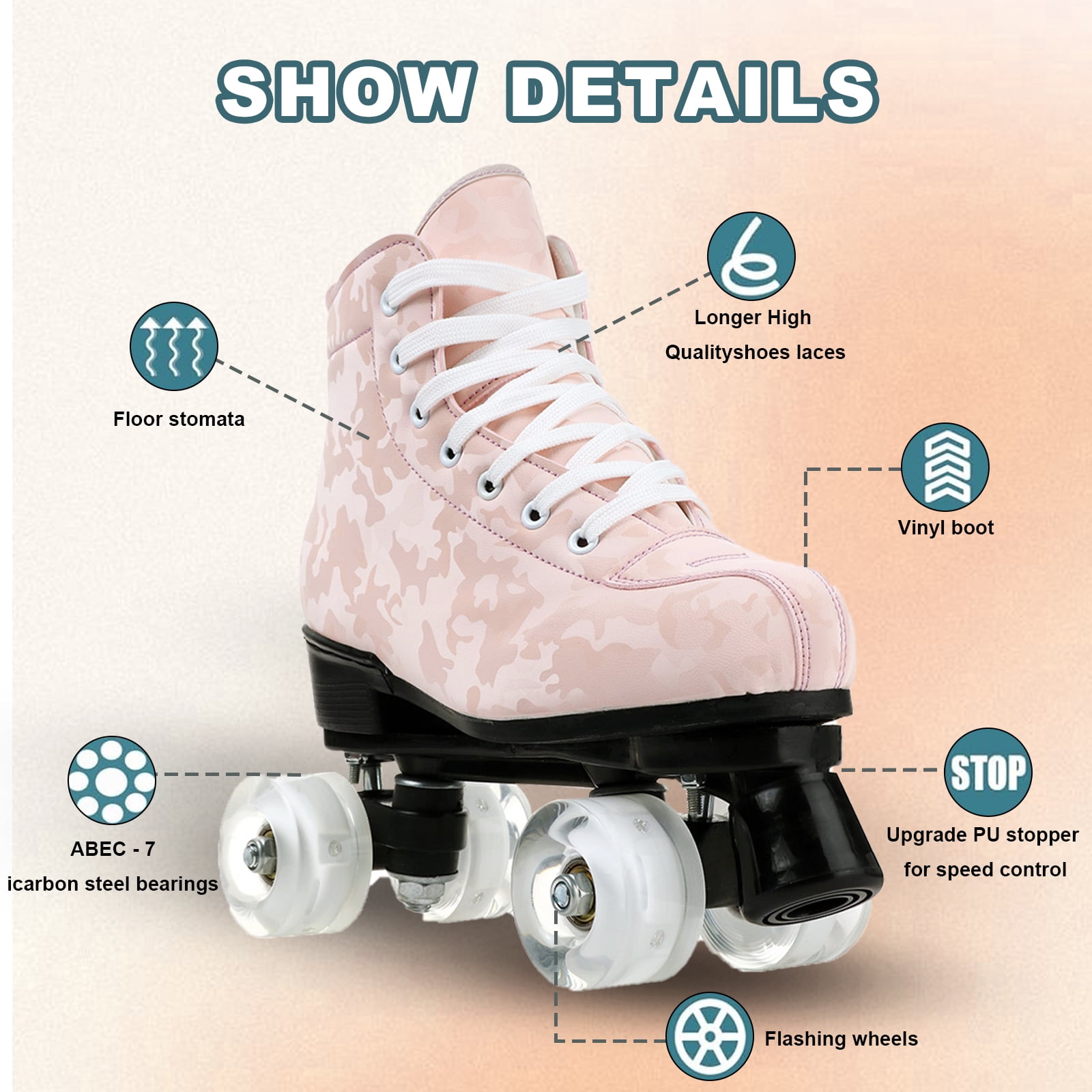 LIXI Pink Roller Skates,Double Row Light-up Skates for Kids, Teens  Adults,Durable PU Wheels(Women's 7.5/Men's 6.5)