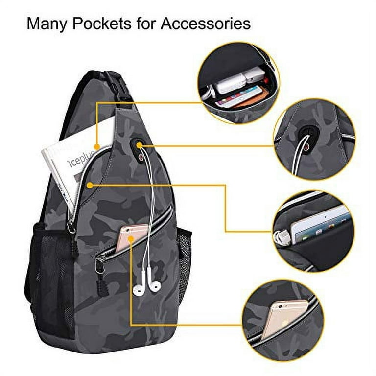 MOSISO Polyester Sling Bag Backpack Travel Hiking Outdoor Sport Crossbody Shoulder Bag Multipurpose Daypack for Women Men, Space Gray Camouflage