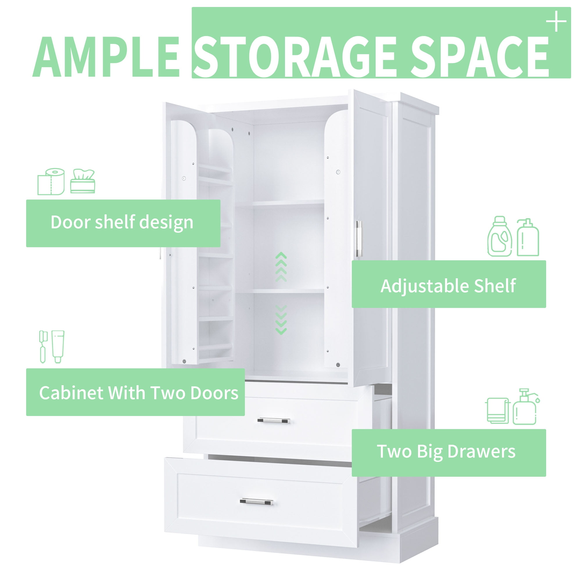 Harper & Bright Designs Tall Bathroom Storage Cabinet with Doors and Drawers, Modern Freestanding Cabinet with Adjustable Shelf for Bathroom, White