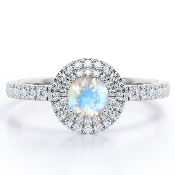 JeenMata 1 Carat Round Shaped Blue Moonstone and Moissanite - Pave Set - Dual Halo Cluster Engagement Ring - 18K White Gold Plating over Silver