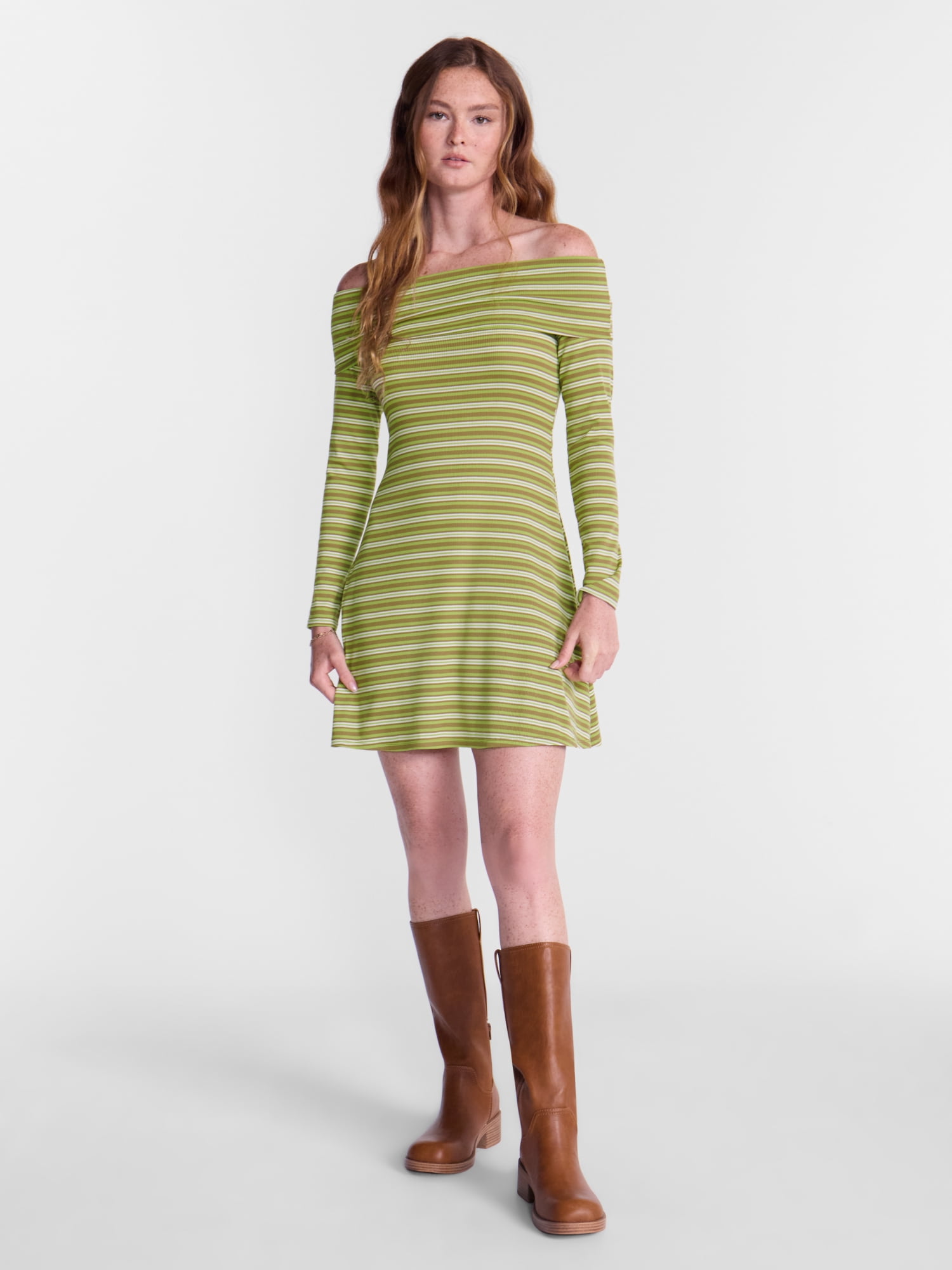No Boundaries Off The Shoulder Dress with Long Sleeves, Women's and Women’s Plus XXS-4X