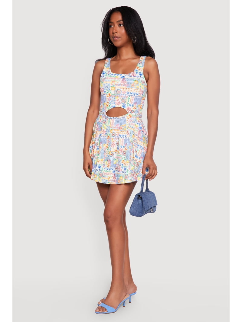 patterned skater dress Rainbow Women's Patterned Keyhole Detail Skater Dress with Shorts Lining, Size: Large
