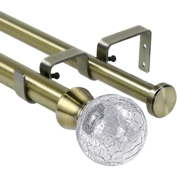 Urbanest Adjustable Double Curtain Rod Set Crackle Glass Flat Button Finials – 1″ Front & 3/4″ Back Rod With Antique Brass Rod, 28–48 Inches