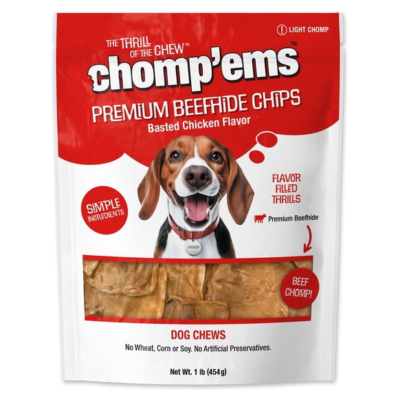 Chomp'ems Chicken Chew Chips, 1 lb - Healthy, Protein Rich Treats for Dogs - Long Lasting Dog Chews