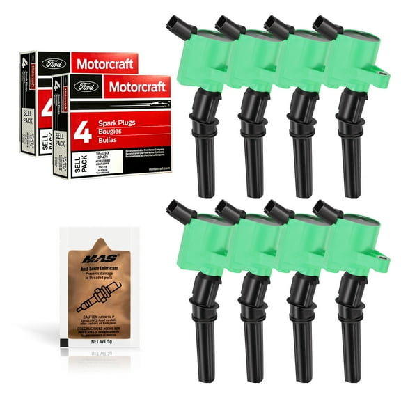 Set of 8 Motorcraft Spark Plugs SP479 & 8 Green Ignition Coils Compatible with Ford 4.6L 5.4L V8 DG457 DG472 DG491 CROWN VICTORIA EXPEDITION F-150 F-250 MUSTANG LINCOLN MERCURY EXPLORER 3W7Z-12029-AA