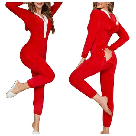 

PhoneSoap Women s Slim Christmas Long Sleeve Pajamas Zipper Hooded Jumpsuit Pajamas 3D Ear Buttoned Functional Fluffy Rompe Cute 1 Piece Suit Fleece Christmas On Sleepwear Red M