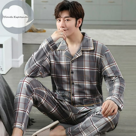 

QWZNDZGR Spring Autumn Knitted Cotton Long Pajama Sets Plaid Sleepwear PJ Pyjamas Men s Sleep & Lounge Home Fashion