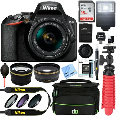 Nikon D3500 24.2MP DSLR Camera (Refurbished) + AF-P DX 18-55mm VR NIKKOR Lens Kit + Accessory Bundle 16GB SDXC Memory + SLR Photo Bag + Wide Angle Lens + 2.2x Telephoto Lens + Flash & Many