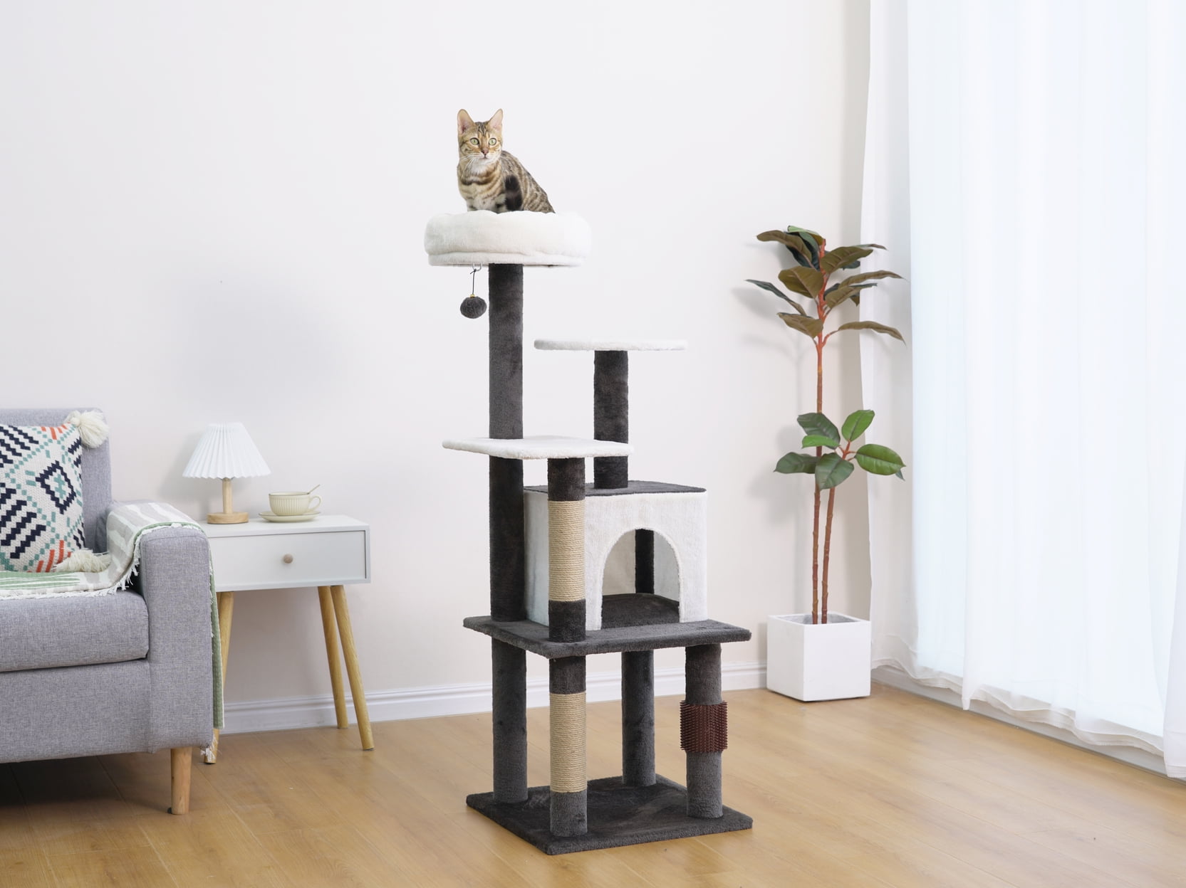 Vibrant Life 5-Level 49" Minimalist Cat Tree with Condo Perch Scratching Post, Brown and Beige