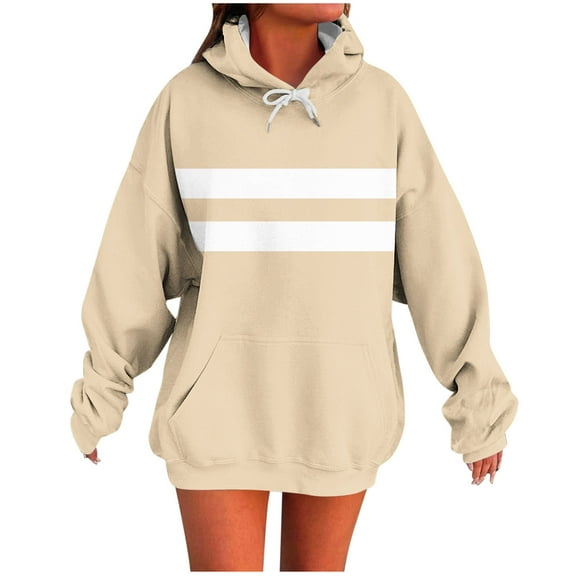 Sexlip Hoodies for Women Casual Long Sleeve Pullover Sweatshirts Fall Drawstring Colorblock Tunic Tops with Pockets Beige XXL
