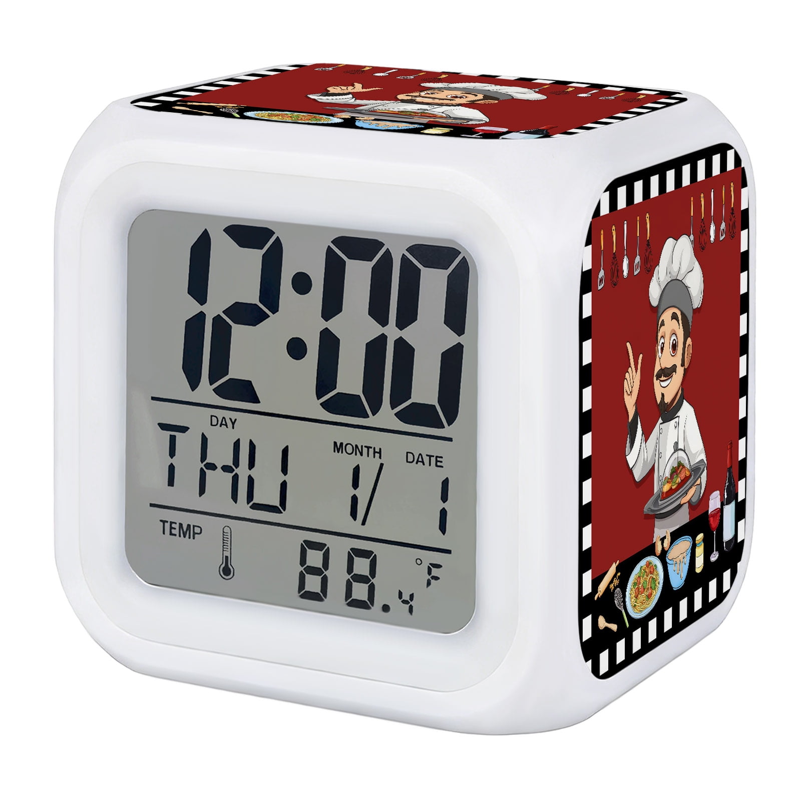 Kitchen Chef Alarm Clock, Knife And Fork Food Red Black White Plaid Digital Clock Night Light with