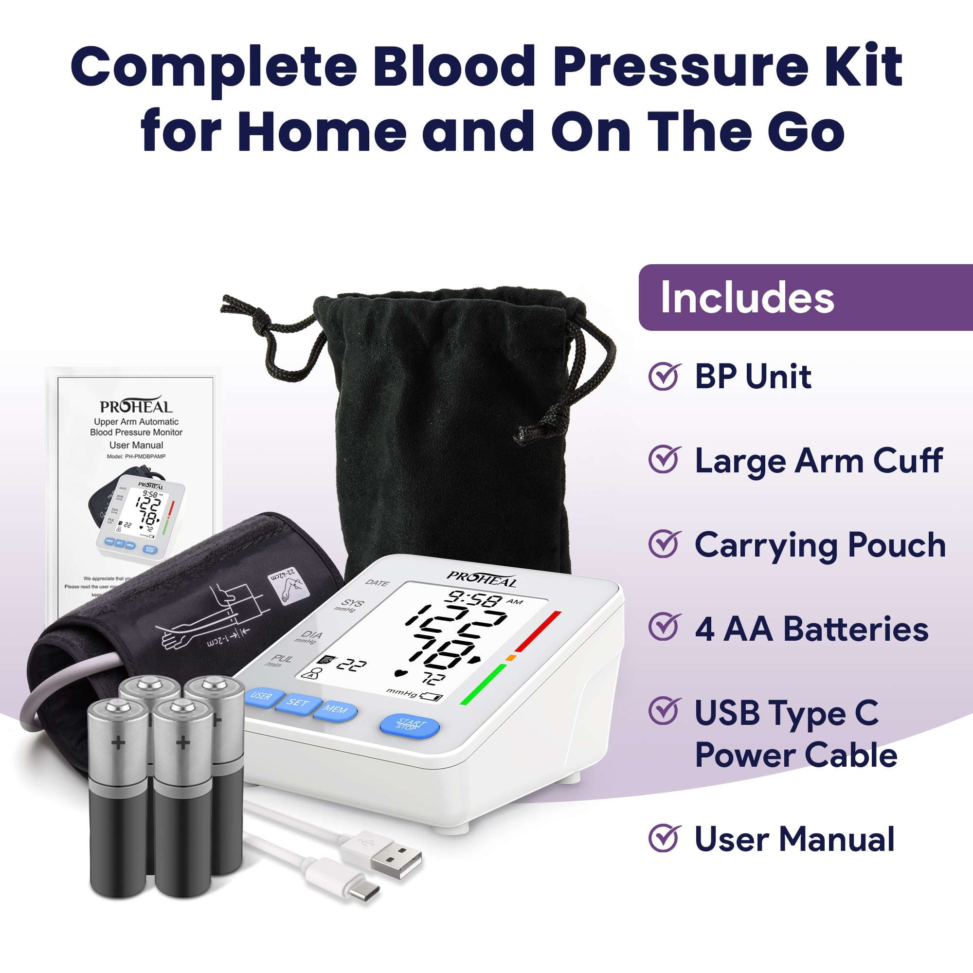 ProHeal Portable Blood Pressure Monitor for Home with Large Upper Arm Cuff - Automatic, Talking, Pulse and BP Machine with 240 Memory, 3 Users