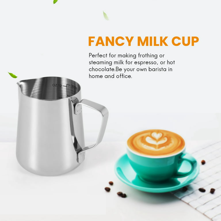 Milk Frothing Pitchers 12oz, Stainless Steel Espresso Steaming pitchers  with Decorating Pen Coffee Milk Frother Cup with Scale Cappuccino Latte Art