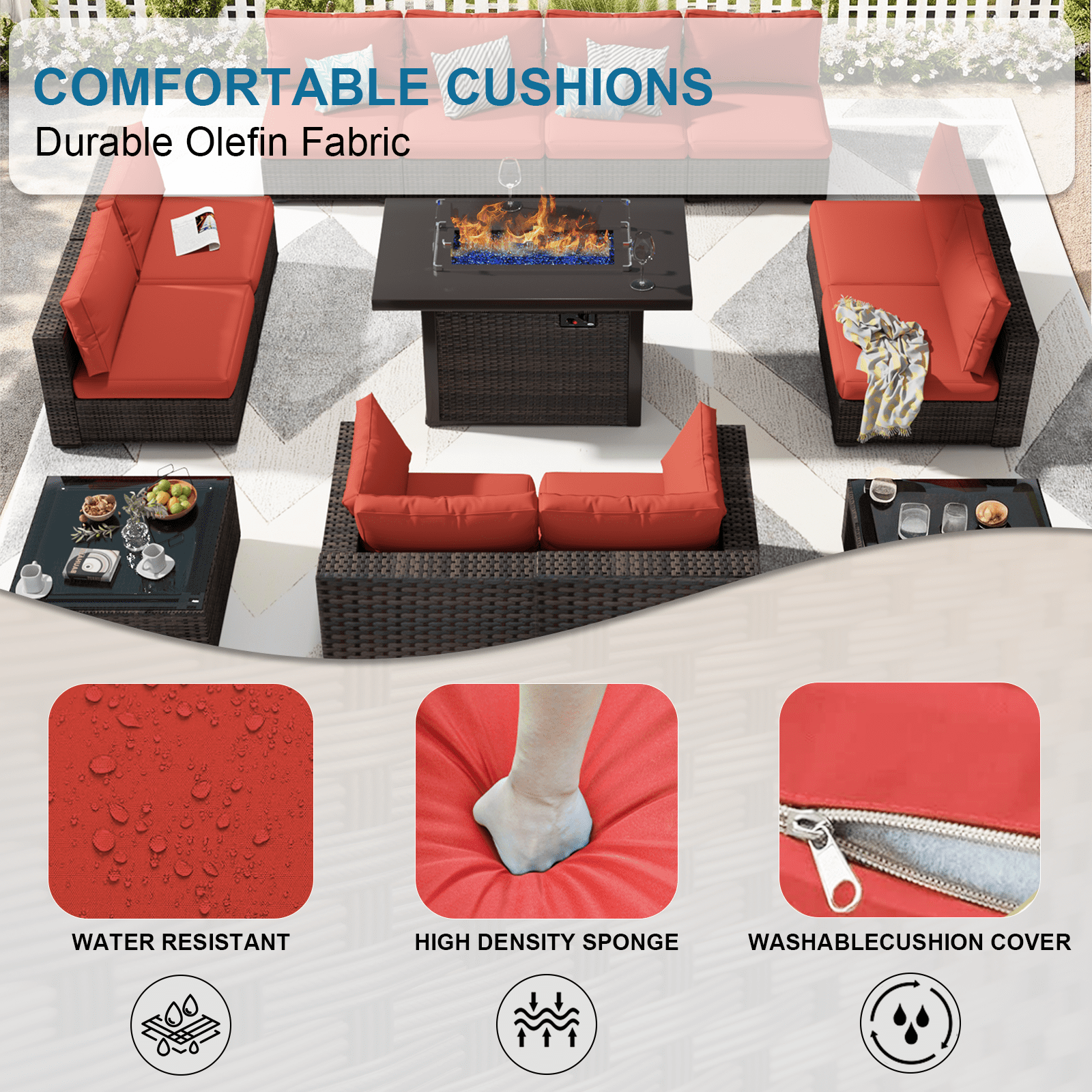 Grezone 13 Piece Patio Furniture Set with Fire Pit Table, All Weather Outdoor Sectional PE Rattan, Patio Conversation Sets with Cushions and Glass Coffee Table for Garden Lawn Balcony