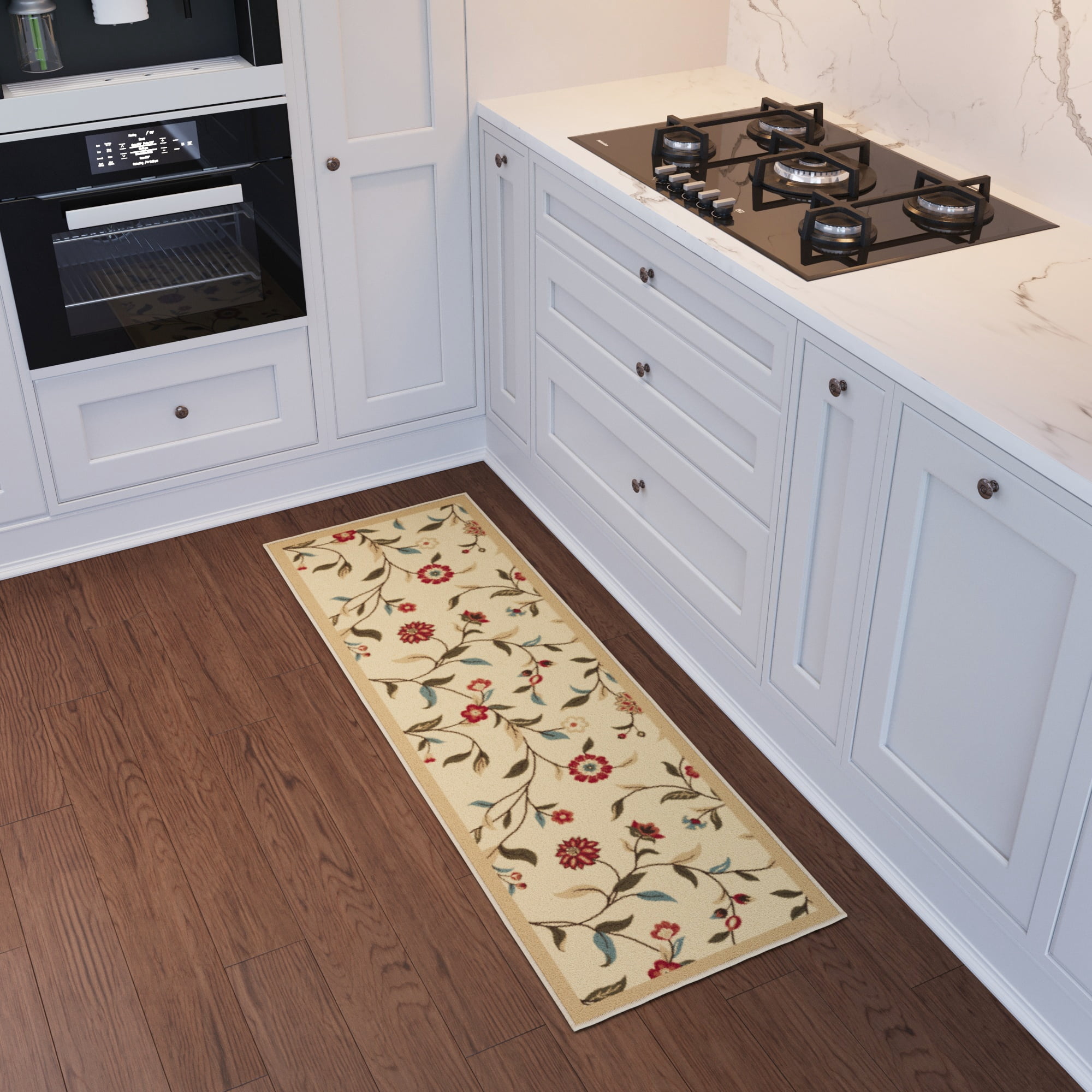 Ottomanson Floral Bathroom Runner Rug 20" x 53" - Non Slip Low Pile Carpet, Beige