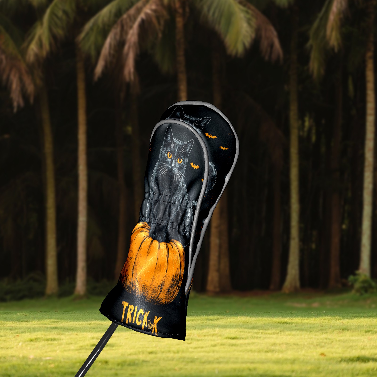 Golf Club Covers PU Leather Waterproof Head Covers for Fairway Woods Hybrids Pumpkin Black Cat