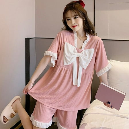 

PIKADINGNIS Soft Girls Pajamas Set Korean Summer New Short Sleeve Loose Leisure Sleepwear V-neck Women Nightwear Shirt Home Wear Clothes