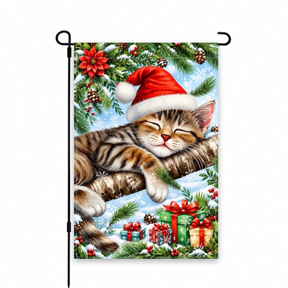 Christmas Cat Garden Flag 12 x 18 Inch - Festive Holiday Design in Red, Green & White with Sleeping Kitten, Santa Hat & Gifts - Outdoor Lawn, Yard, Patio Decor