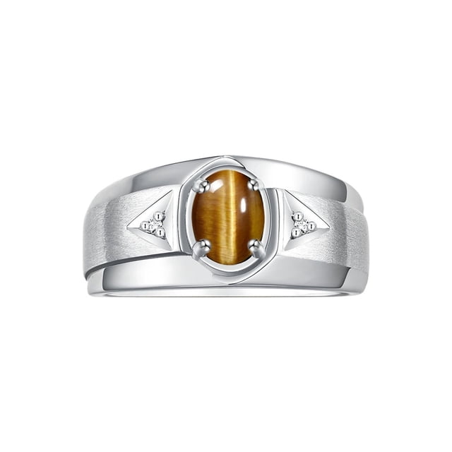 RYLOS Men's Rings Sterling Silver Classic 7X5MM Oval Gemstone & Diamond Ring Tiger Eye November Birthstone Rings For Men, Men's Rings, Silver Rings, Size 9