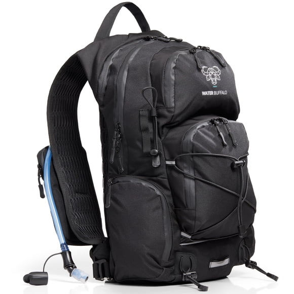 Mochila de hidratación Water Buffalo - Mochila de senderismo Sherpa de 22 L con vejiga de agua - Mochila de agua para senderismo con cremalleras impermeables, soportes para teléfono y bastones