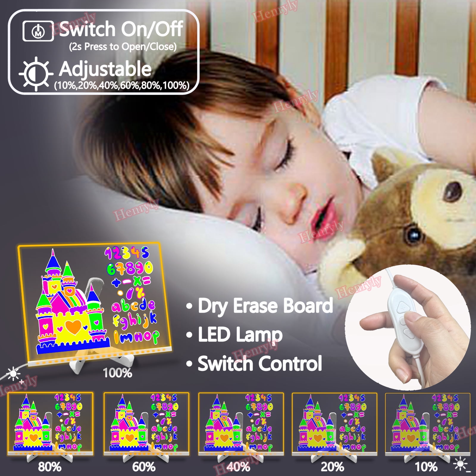 11.8*7.9 Inch Acrylic Dry Erase Board with Light- Dimmable LED Note Board with 7 Colors Pen - Glowing Acrylic Message Note Board, Light up Dry Erase Board with Stand as a Glow Memo Board