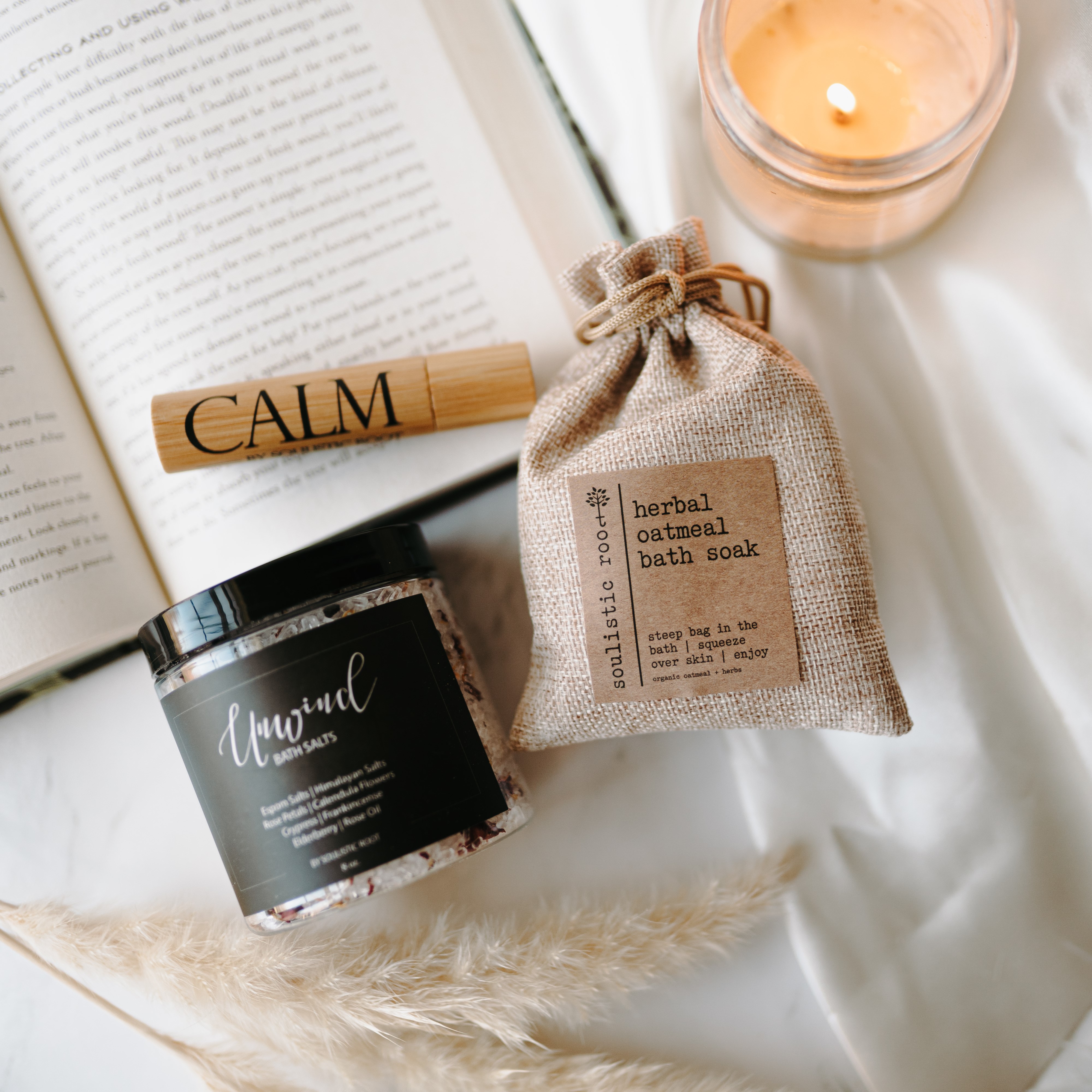 Soulistic Root Relaxing Bath Gift Set, Luxury Spa Gifts for Women, Self Care Products for Women and Men, Calm Essential Oil Roller, Oatmeal Lavender Bath Soak & Epsom Salts with Essential Oils